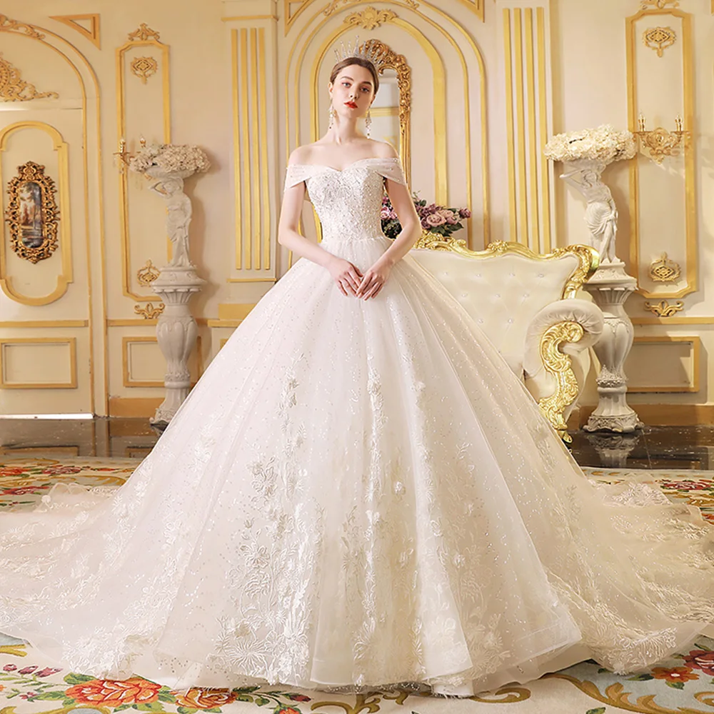 Свадебное платье для принцессы Vestido De Noiva Princesa с короткими рукавами, на шнуровке, с аппликацией из бисера, блестящие платья для невесты, большие размеры