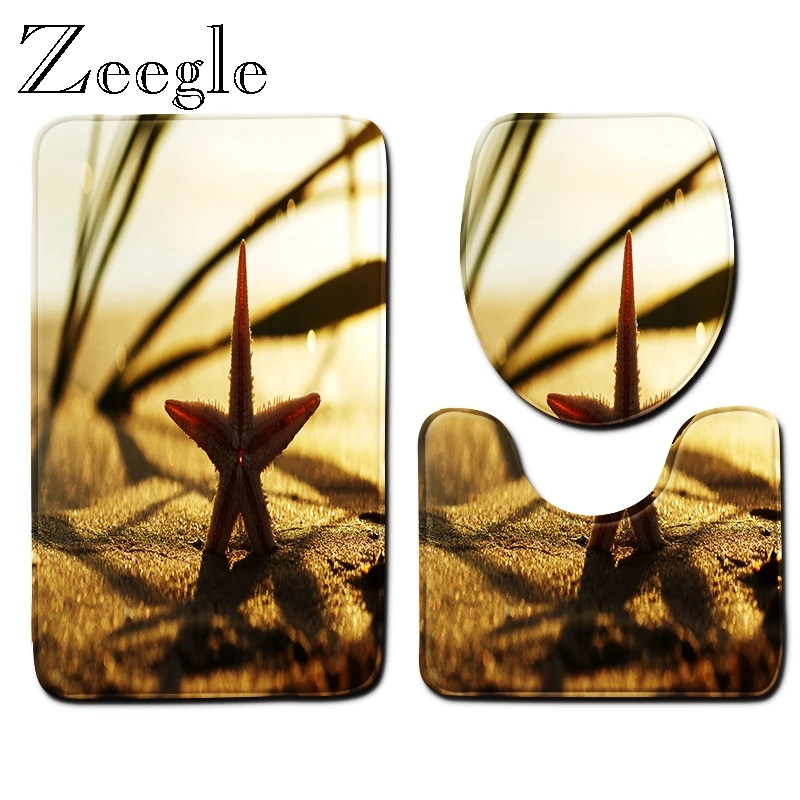 3D Toilet Set Non-slip Bathroom Toilet Pedestal Rug Toilet Lid Cover Mat Absorbent Shower Carpet 3pcs Beach Printed Bath Mat Set