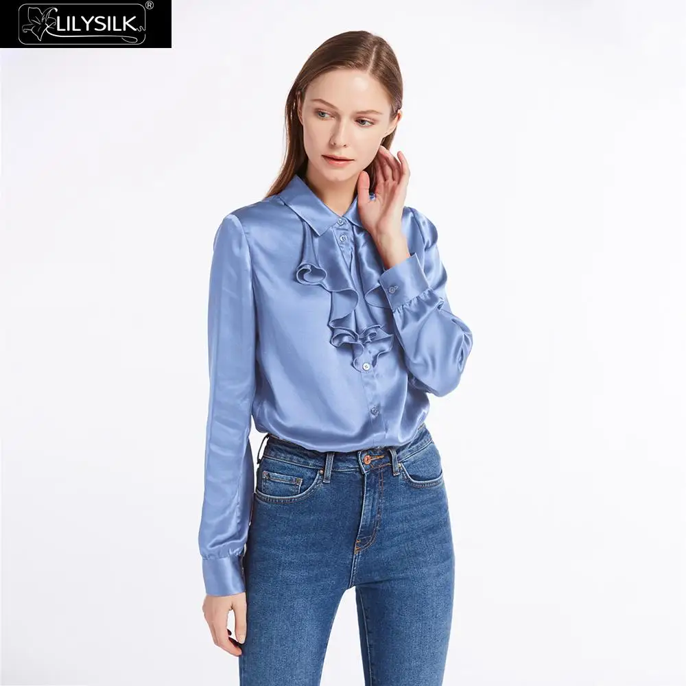 French Blue Lilysilk Рубашки Блузка Топ футболка 22 мм женская Шелковый шелк Новинки - Цвет: French Blue