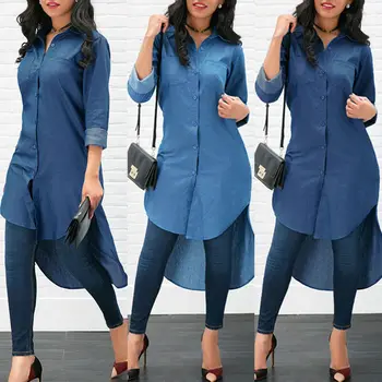 

2019 Autumn Fashion Women's Blue Jeans Denim Shirt Long Sleeve Casual Loose Long Solid Color Shirt