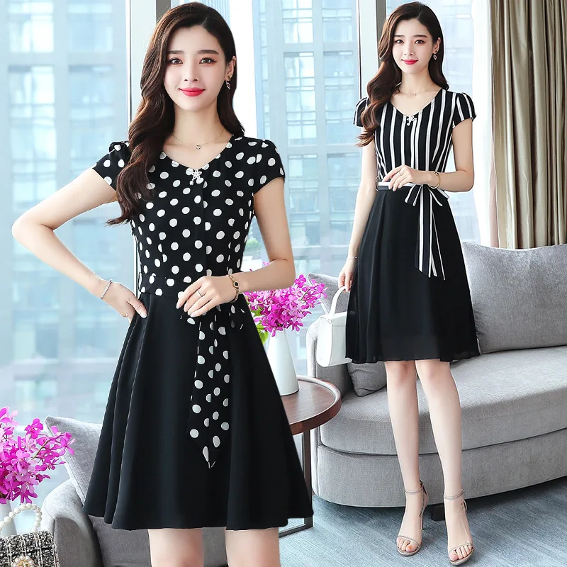 

2019 Summer Wear New Style Korean-style Black And White Polkadot Chiffon Mid-length Slim Fit Slimming Dress Women's Fashion
