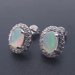 Oval Opal Silver Stud Earring White Rainbow Opal