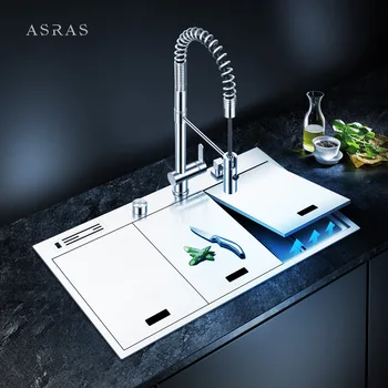 

Asras 8250Y SUS304 handmade kitchen sink hidden sink covered sink lids fine brushed with drainer and kitchen tap