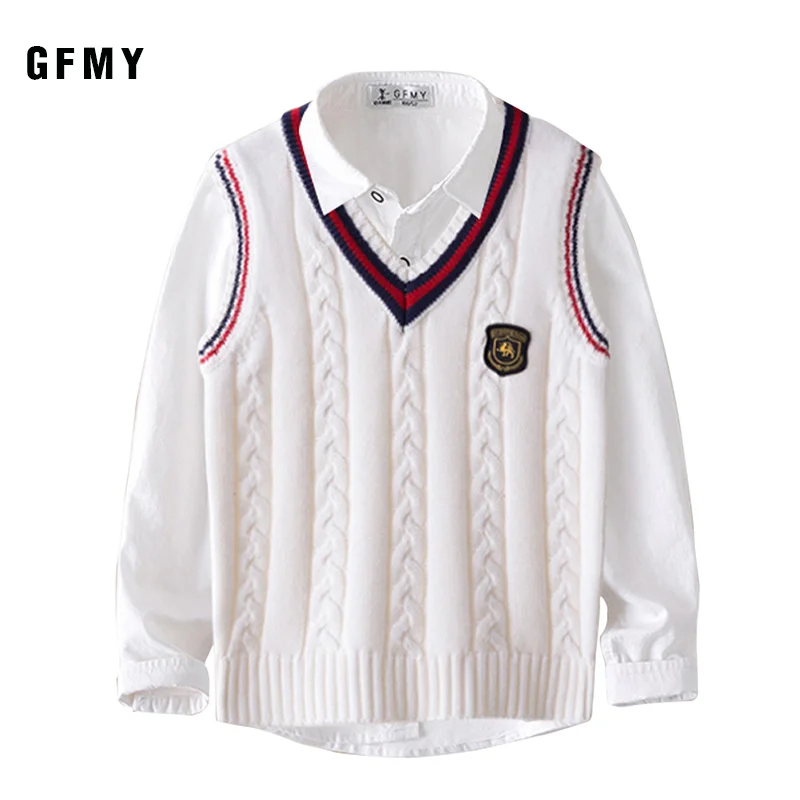 GFMY Autumn 100% Oxford Textile Cotton Solid Color 3T-14T boys white Shirt+ weater vest 2pcs Kid Casual School Clothes