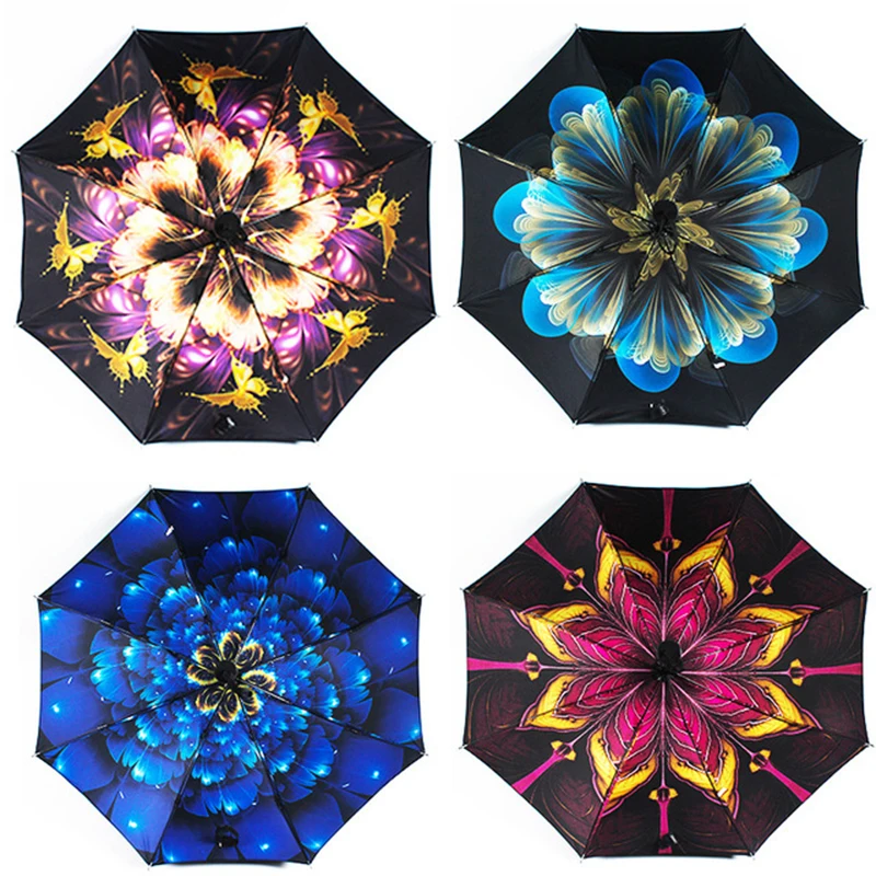Creative Personality Pattern Umbrella Ladies Folding Umbrella Three Fold Black Plastic anti-UV Umbrella Portable Travel Umbrell