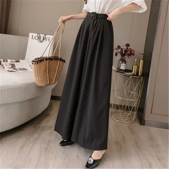 

Vintage Wide Leg Trousers 2020 Summer Belt Loose Pant For Office Lady Elastic Waist Pocket Capris Culottes Black Brown RM50234