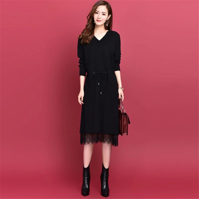 

Women Knitted Sweater Dress Fashion Long Sleeve V Neck Dress New Casual Autumn Dresses Female Lace Stitching Dress