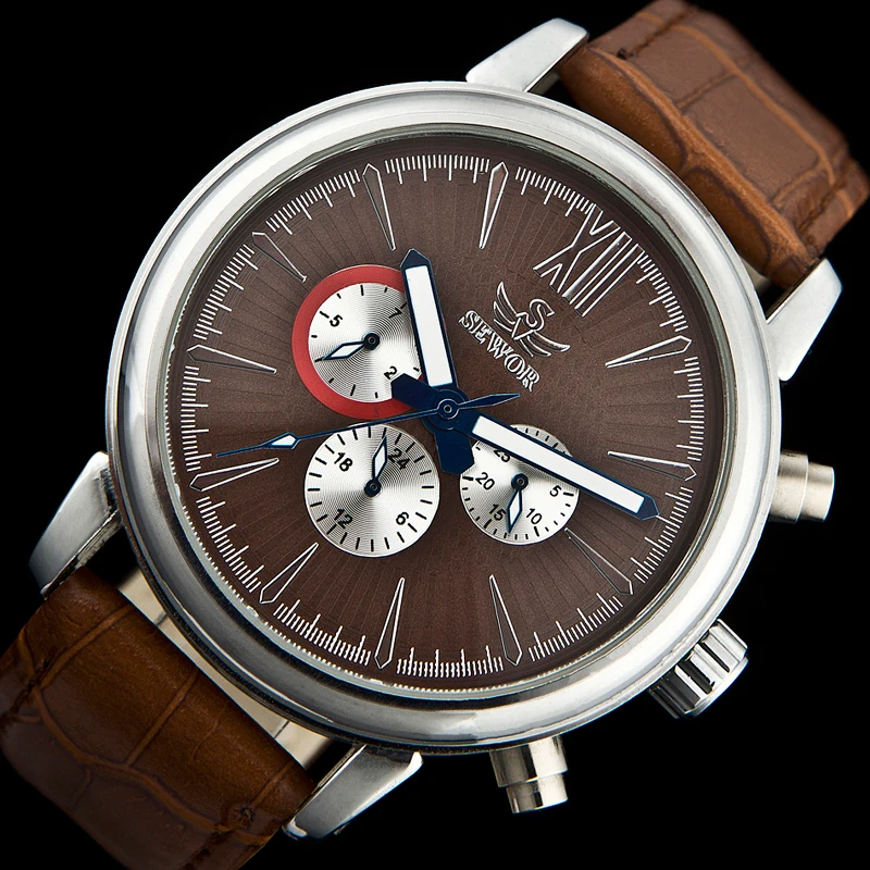 Sewor мужская одежда механические Автоматические часы Аналоговые мужские часы с кожаным ремешком коричневые деловые часы relogio masculino