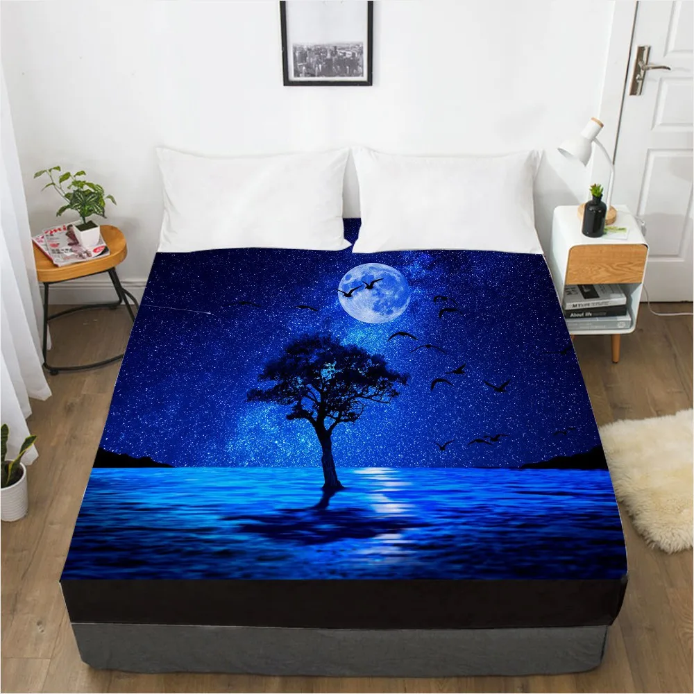 

3D Luxury Fitted Sheet 160x200/150x200,Bed Sheets On Elastic Band Bed,Mattress Cover.Bedsheet Bedding,Bed Linen Night scenery