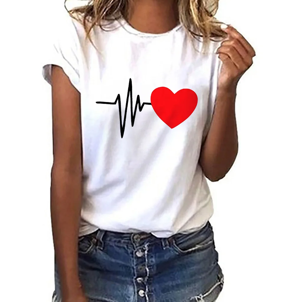 Women's T-shirt retro T-shirt ladies Basic Harajuku short-sleeved heart-shaped printed T-shirt casual O-neck top shirt ropa muje