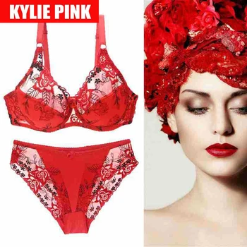 

KYLIE PINK Thin Cup Floral Lace Bralette Young Girls Bras and Panties Sets Lingerie Deep V Plunge Bra Brassiere Underwear Set