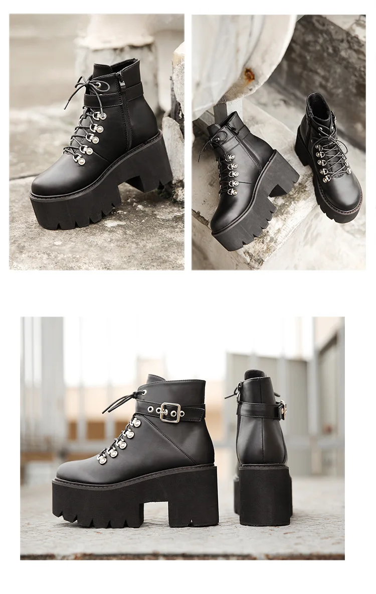 CEVABLUE Autumn And Winter New Thick Thick With Velvet Punk Patent Leather Chain Wedge High Heel Martin Boots JXQ-69-2
