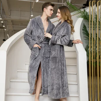 

Casual Keep Warm Homewear Lovers Sleepwear Soft Flannel Full Unisex Nightgown Nightdress Winter Elegant Solid Kimono Robe Gown