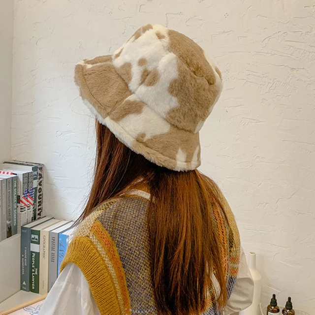 Women's Cow Print Faux Fur Bucket Hat