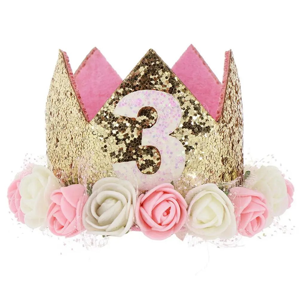 Первый день рождения ребенка Декор цветок вечерние кепки Корона повязка От 1 до 3 лет Номер принцессы стиль праздничный колпак аксессуары для волос новорожденного - Цвет: 04