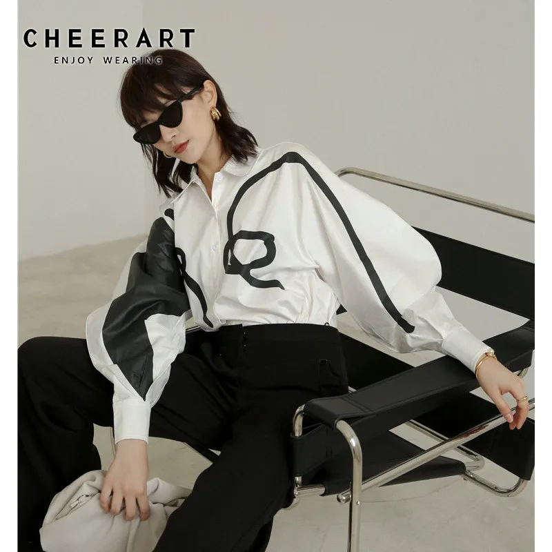 

CHEERART Graffiti White Womens Tops And Blouses Long Sleeve Shirt Lantern Sleeve Designer Top Autumn Loose Shirt Street Fashion