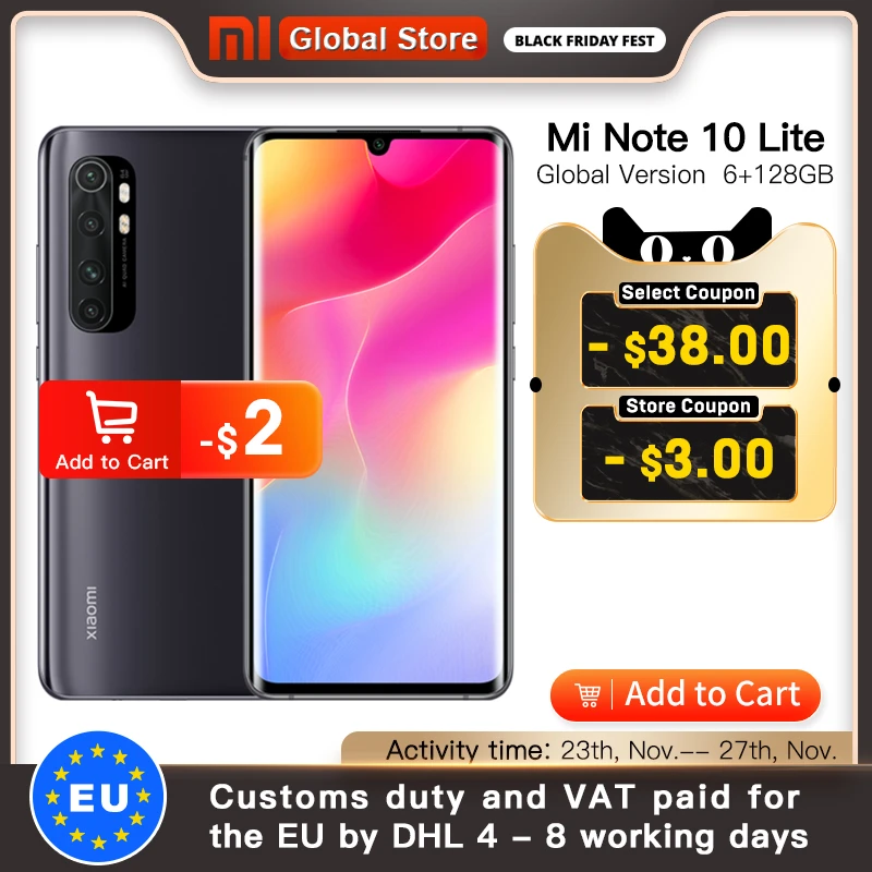 Global Version Xiaomi Mi Note 10 Lite 128GB 6GB Snapdragon 730G Octa Core 64MP Quad Camera Smartphone 6.47