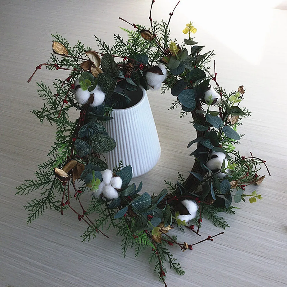 Cotton Wreath Floral Round Wreath Artificial Leaves for Outdoor Indoor Wedding Decor Plastic 50cm Decoration Dropshpping S27
