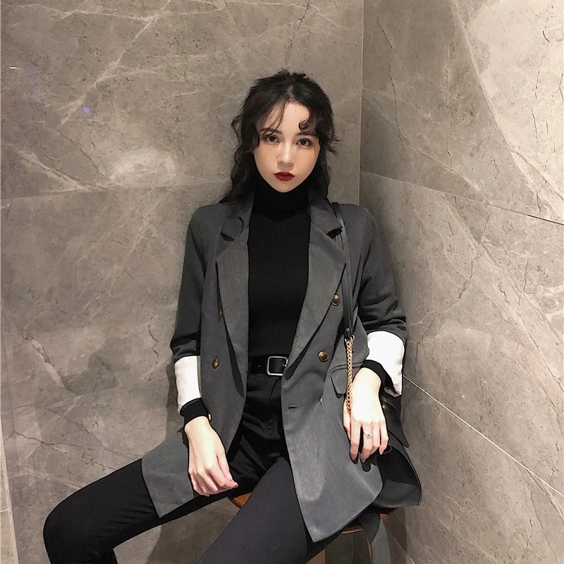 

Vintage Loose Ladies Blazer Solid Gray Simple Casual Suit Jacket Blazer De Mujer Stylish Korean High Street Women Blazer MM60NXZ