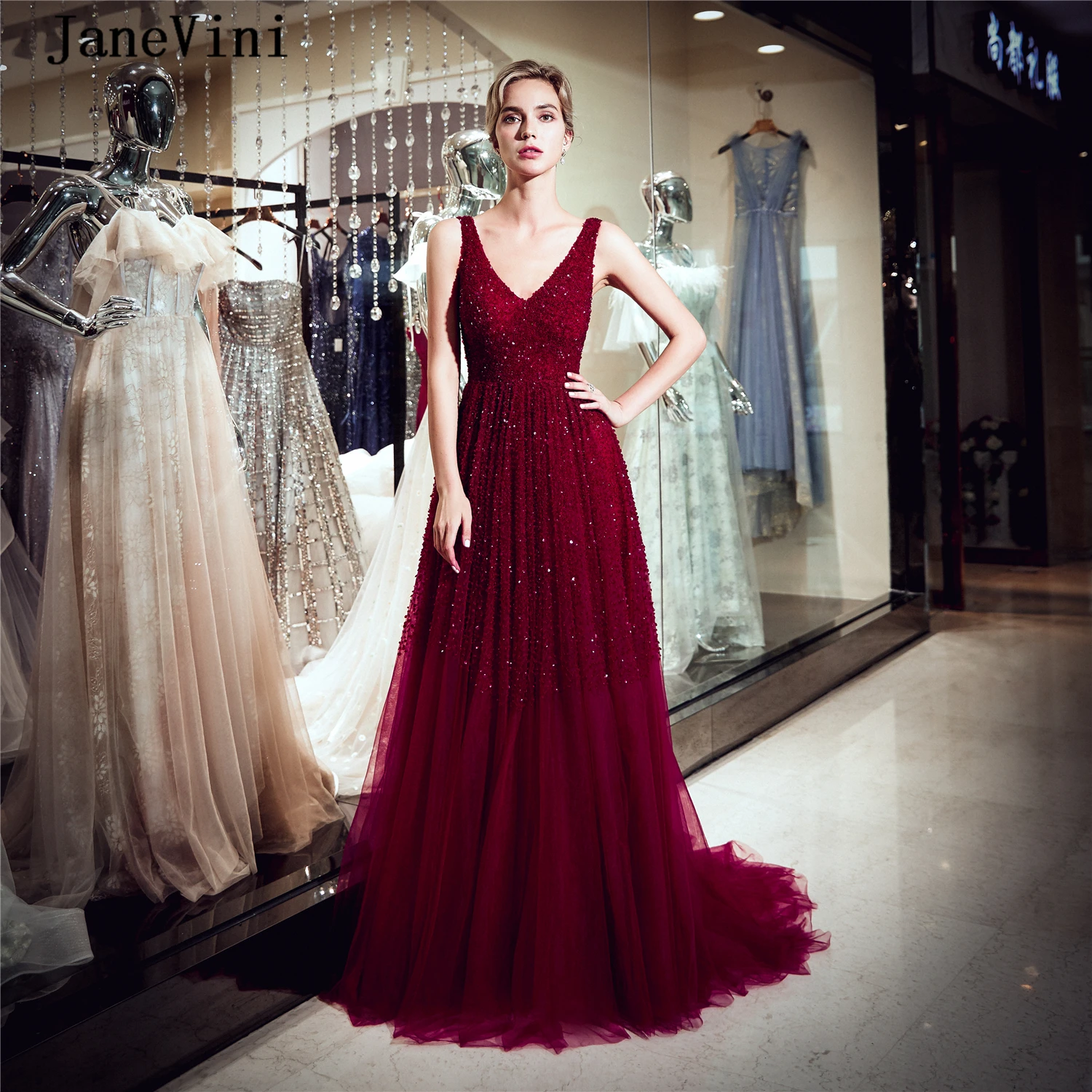 

JaneVini Luxury Dubai Burgundy Long Evening Dresses 2020 V Neck Sparkly Beading Sleeveless Tulle Dress A Line Women Dinner Gown