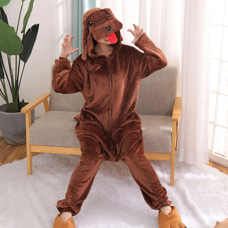 Soft Teddy Dog Pajamas Kigurumi Women Flannel Anime Onesies For Adults Halloween One-Piece Pijamas Men Cosplay Costume Christmas