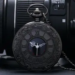 Черный Pocketwatch винтажные шармунисекс модные римские цифры Кварцевые в стиле стимпанк женские карманные часы мужское ожерелье с подвеской с