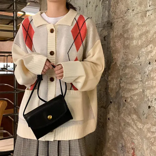 Neploe Preppy Style Vintage Sweater Coat Contrast Color Argyle Knitted Cardigan Korean Autumn Winter Causal Jumper Jacket 55588 - Цвет: Apricot