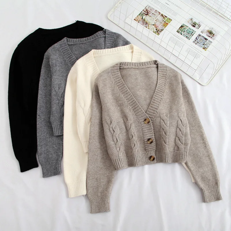 

Autumn Winter Crop Solid Color Sweater Women Single-Breasted Knit Cardigan Short High Waist Women Jacket Femme