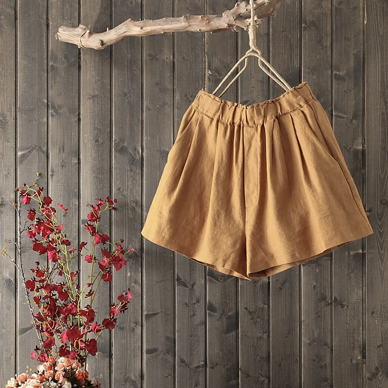 yellow Новые летние хлопковые и льняные Короткие штаны mori girl свободные брюки с широкими штанинами с эластичной резинкой на талии повседневные короткие штаны для женщин - Цвет: yellow