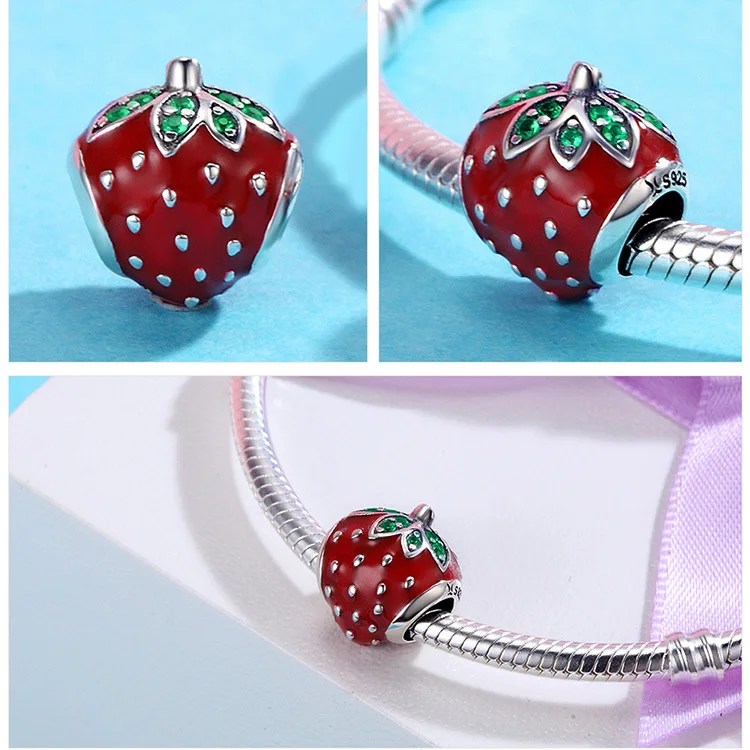 Fit Pandora браслет 925 серебро подарок матери сердце фруктовые бусины DIY S925 Любовь Мама арбуз амулеты "Клубника"
