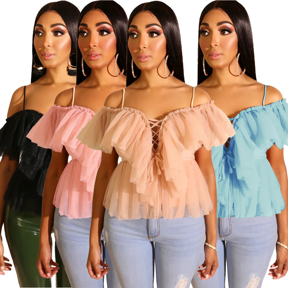 

New fashion off-the-shoulder women's solid color deep V backless sexy sling tops ruffled mesh shirt shirt