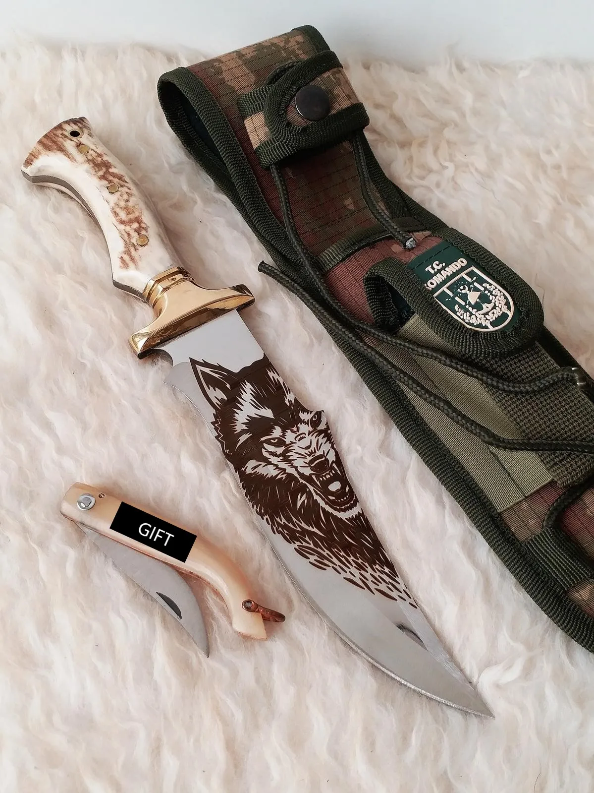 Ручная работа с головой волка с принтом оленя рог, Нож маленький рог Карманный Нож и кожаный футляр подарок Machete Охотник Нож KNC AV 176|Ножи| | АлиЭкспресс