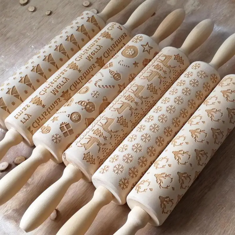 Wooden Embossing Rolling Pin as Cake/Cookies Decorating Tool for Home Kitchen
