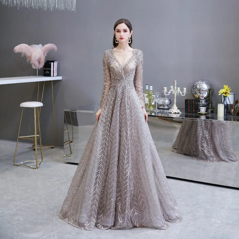 

Elegant Junoesque Evening Dress Lace V-Neck Long Sleeves Applique Rhinestone Pleats Ruching Zipper A-Line Formal Dress