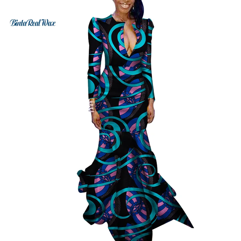Новое Осеннее женское длинное платье Bazin Riche, хлопок, африканская восковая печать, платье в пол, традиционная африканская одежда WY2751 - Цвет: 5