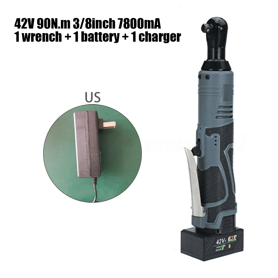 

42V 90N.m 3/8Inch 7800mA Gray Electric Cordless Ratchet Right Angle Wrench 350RPM With Battery Power Tools Car Repair