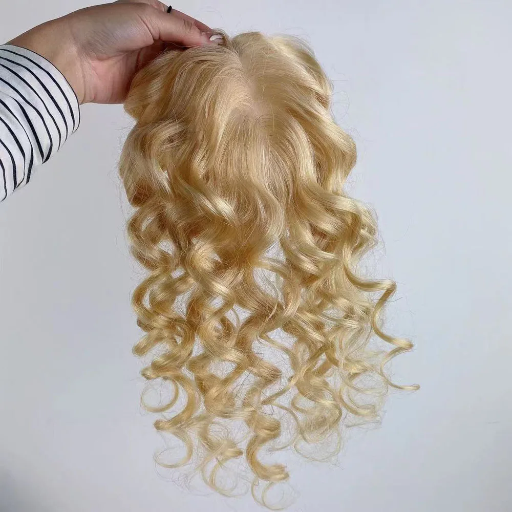 

#613 Light Blonde Topper Natural Skin Base 5"X5" Virgin European Human Hair Silk Top Women Toupee with Clips Bouncy Curly