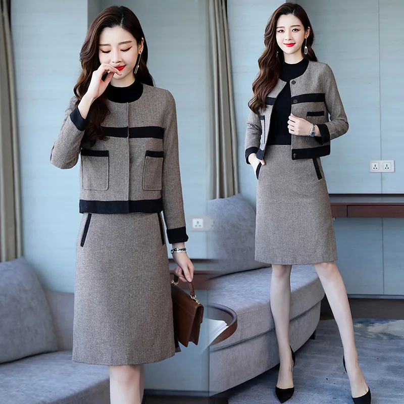 

2019 Autumn And Winter New Style Korean-style Slim Fit Slimming Woolen Jacket Short Skirt Fashion WOMEN'S Suit