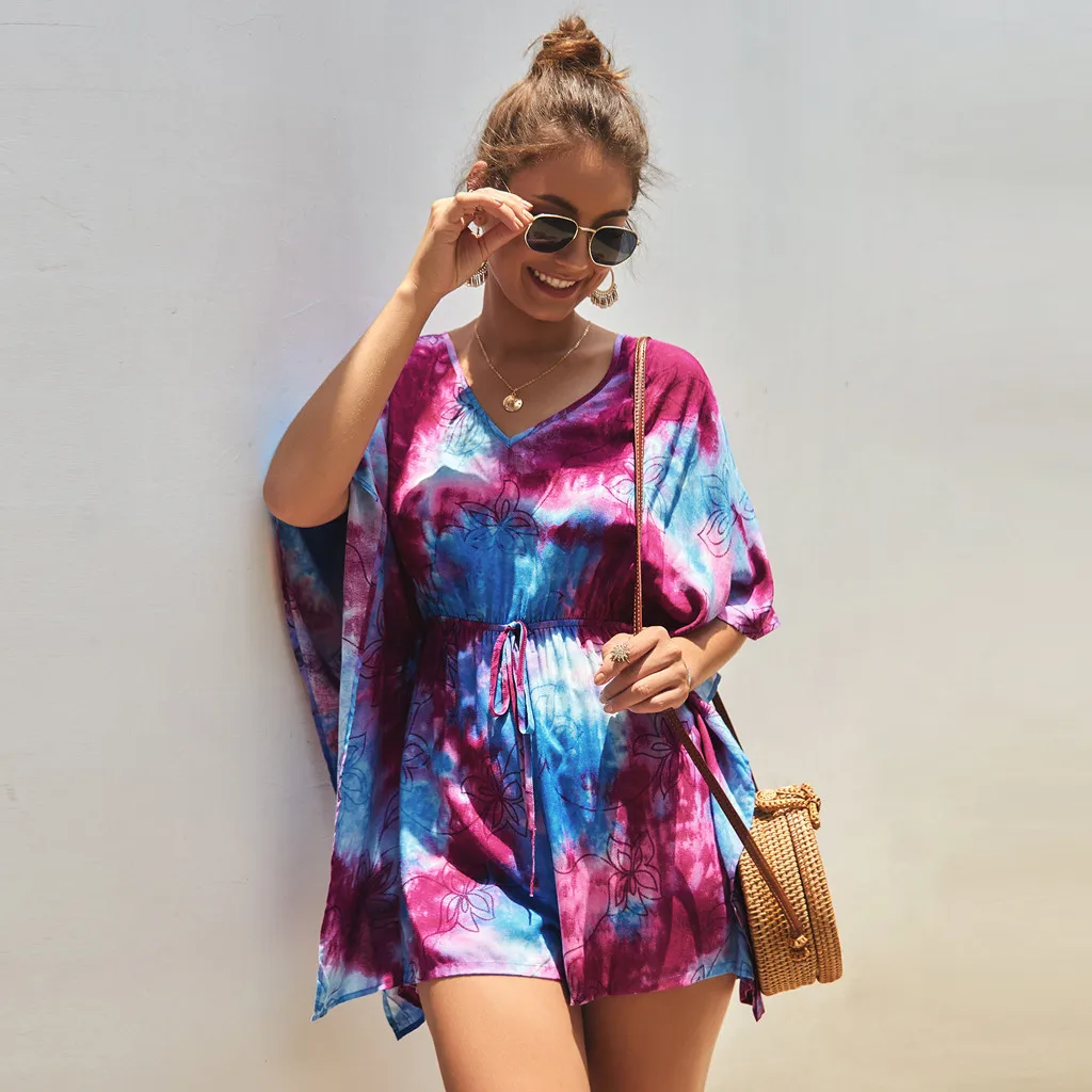 Женские модные комбинезоны Boho Dye Print комбинезон летние короткие комбинезоны для женщин комбинезон женский рукав летучая мышь пляжный комбинезон