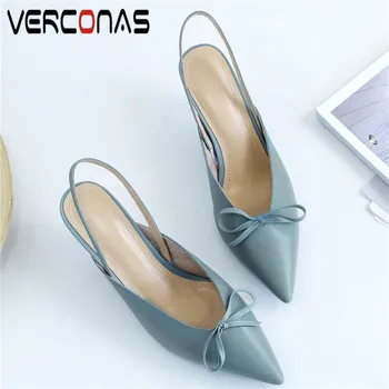 

VERCONAS Women Genuine Leather Slippers Butterfly Knot Top Quality Thick Heels Working Shoes Sandals Pointed Toe Shoes Woman
