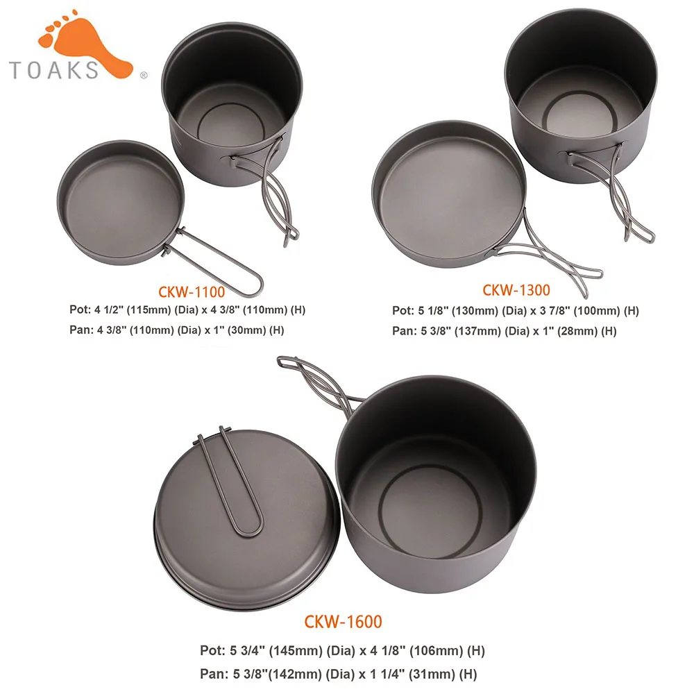TOAKS Cookware Set Ultralight Titanium Pot Frying Pan Outdoor Camping Titanium Bowl Titanium Cup Picnic 1100ml, 1300ml, 1600ml 2