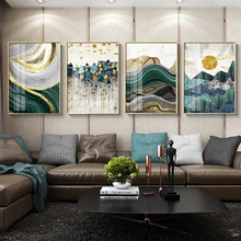 

Modern Abstract Gold foil lines Green Canvas Art Paintings For Living Room Nordic Landscape Wall Poster Home Decoration Pictures