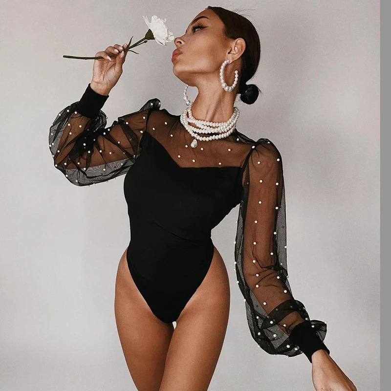 

hirigin Women Pearl Mesh Puff Sleeve Bodysuit Tops See Through Skinny Bodycon Body Suit Rompers Basic Black Sexy Bodysuits