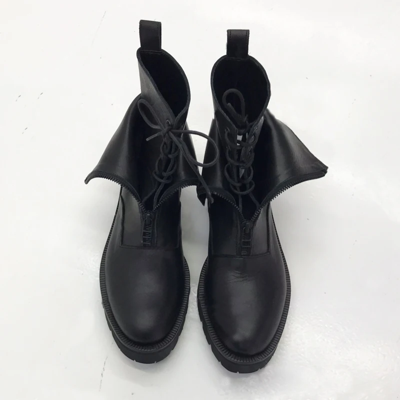 Scarpe donna/; женская обувь; Черные Зимние ботильоны на шнуровке; мотоботы с круглым носком в римском стиле; женская обувь; Bota Feminina