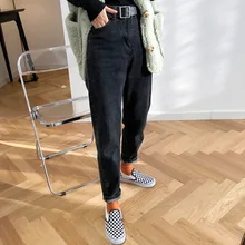 Зимние большие размеры плюс бархатные джинсы женские новые прямые девять точек джинсы свободные шаровары брюки с высокой талией старые брюки