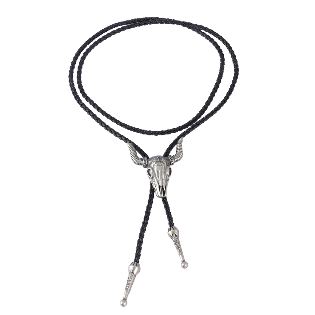 Western Texas Longhorn Buffalo Steer Cow Skull Leather Rodeo Bolo Tie Necktie for Men