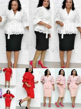 

Two Pieces Set New Winter African lady Office Lace Suit dresses robe africaine femme 2019 V-neck evening party dresses