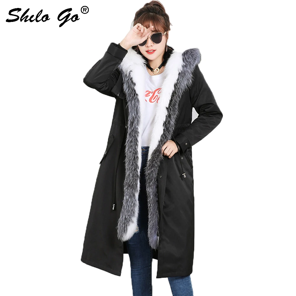Fur Parkas Highstreet Real Fox Fur Collar Plocket Hooded Rabbit Fur Lining Long Coat Women Winter Casual Solid Warm Outwear