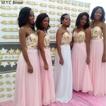 

Chic Pink Long African Bridesmaid Dresses Pearls Golden Sequins Plus Size Chiffon Wedding Guest Party Dress Robe De Soiree