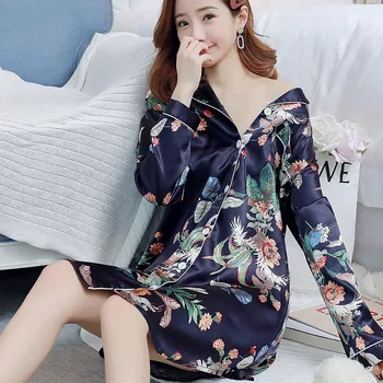 

Women Satin Nightgown Sleepshirt Intimate Lingerie Print Casual Sleepwear Home Dressing Gown Sexy Short Nightwear Nightdress XXL